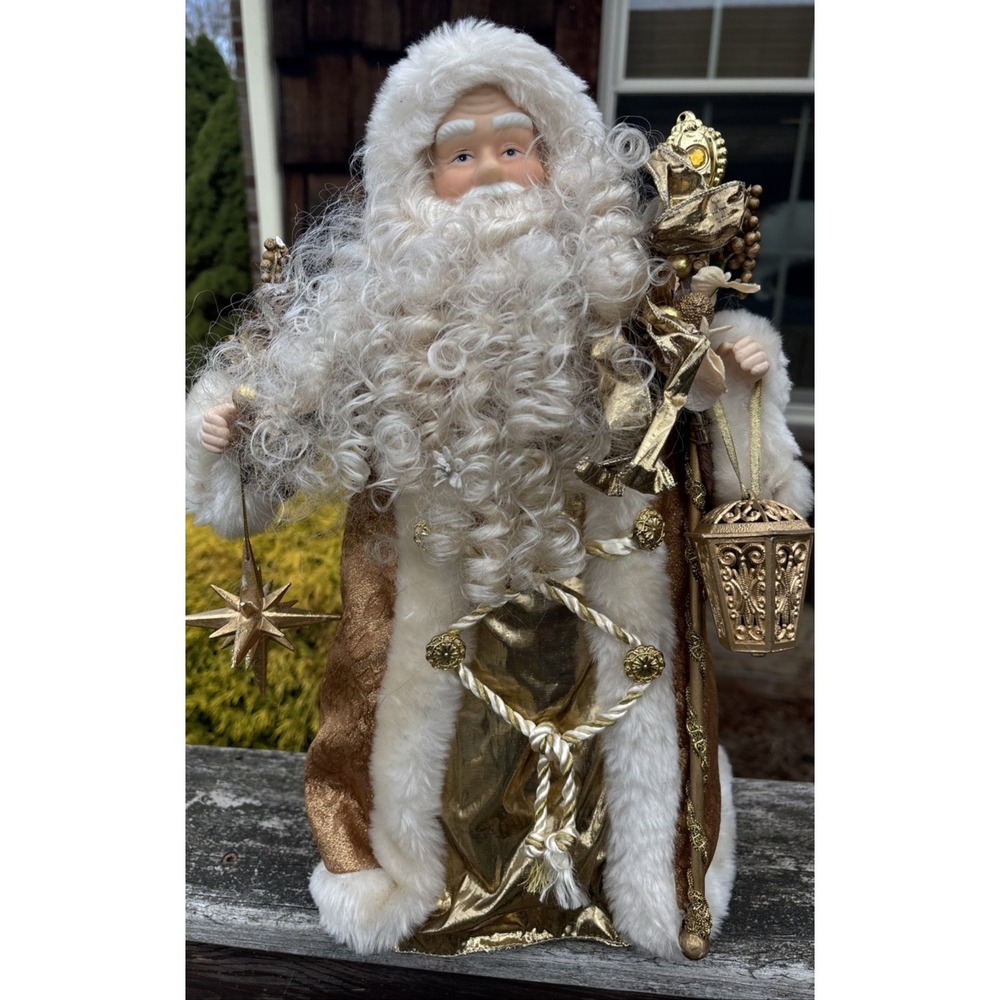 Gold  Santa Tree Topper  Figurine Porcelain‎ Face Hands 17 inches Vintage